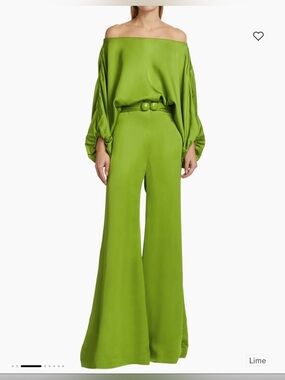 Silvia Tcherassi Lime Green Wide-Leg Satin Pants with Covered Belt